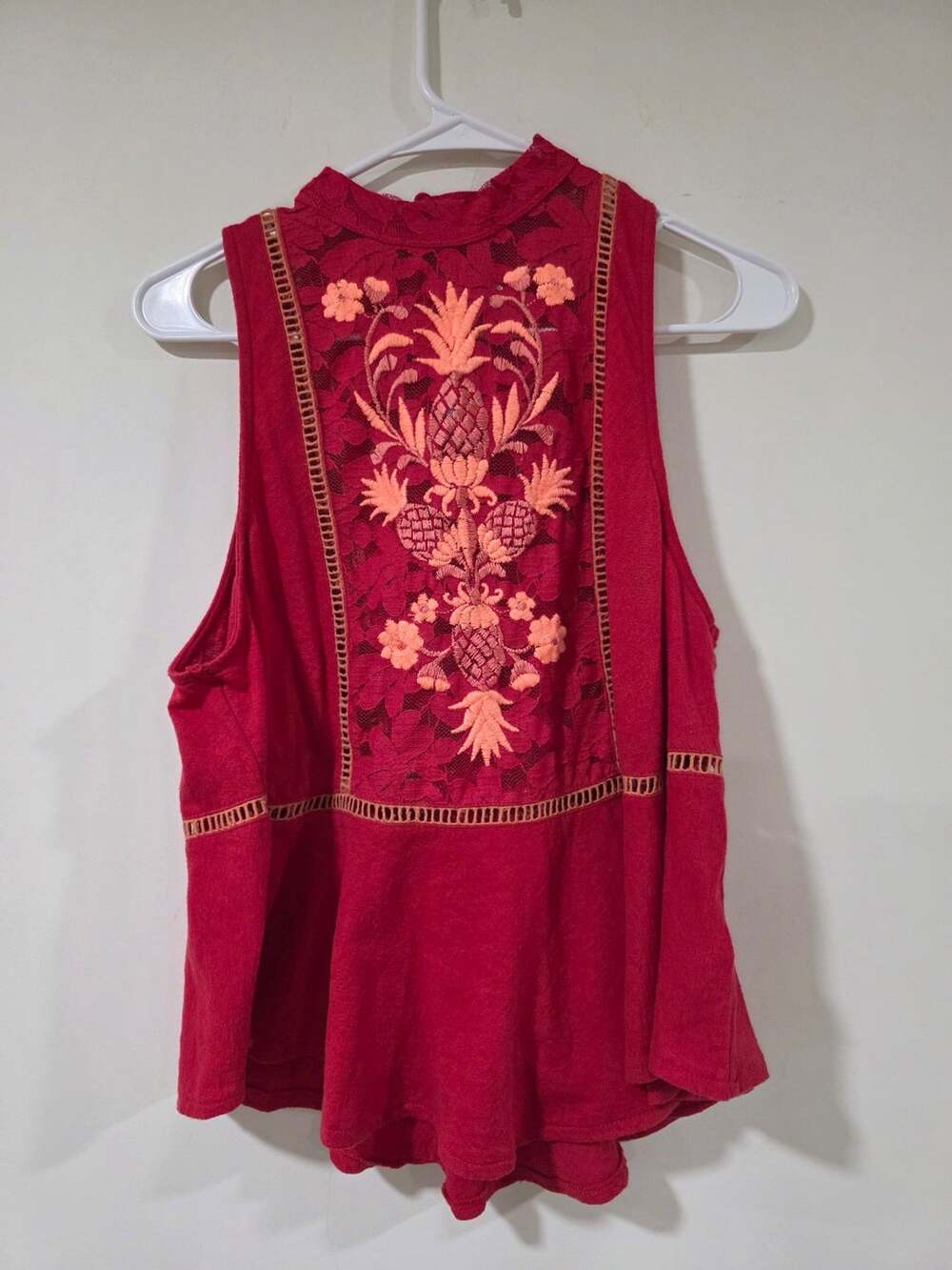 Free People Flora Tank Top Red Lace Embroidered Mock Neck Swing Handkerchief